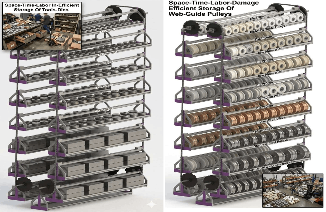 Vertical Carousels For Space-Time-Labor-Damage Efficient Vertical Storage Of Tools-Dies, Web Guide Pulleys In Insulated Power-Telecom-Optic Fiber Cables-Wires Manufacturing Plants